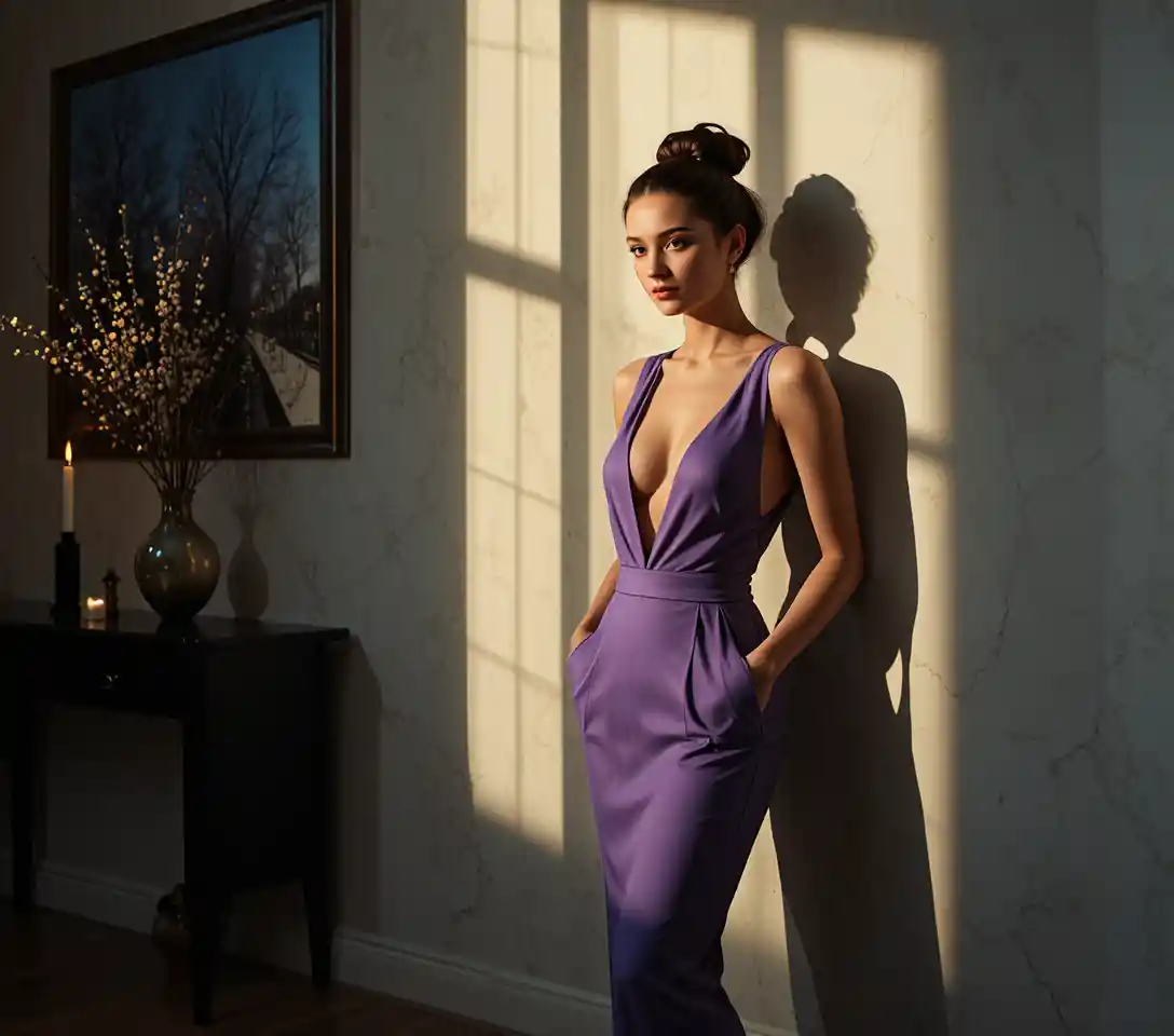Woman in violet jumpsuit standing in warm evening light