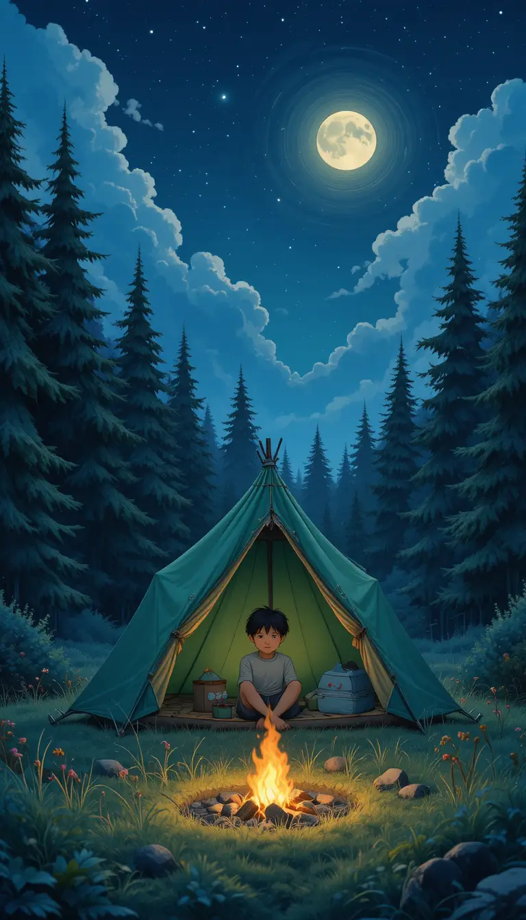 Boy by a campfire inside a tent in a forest night