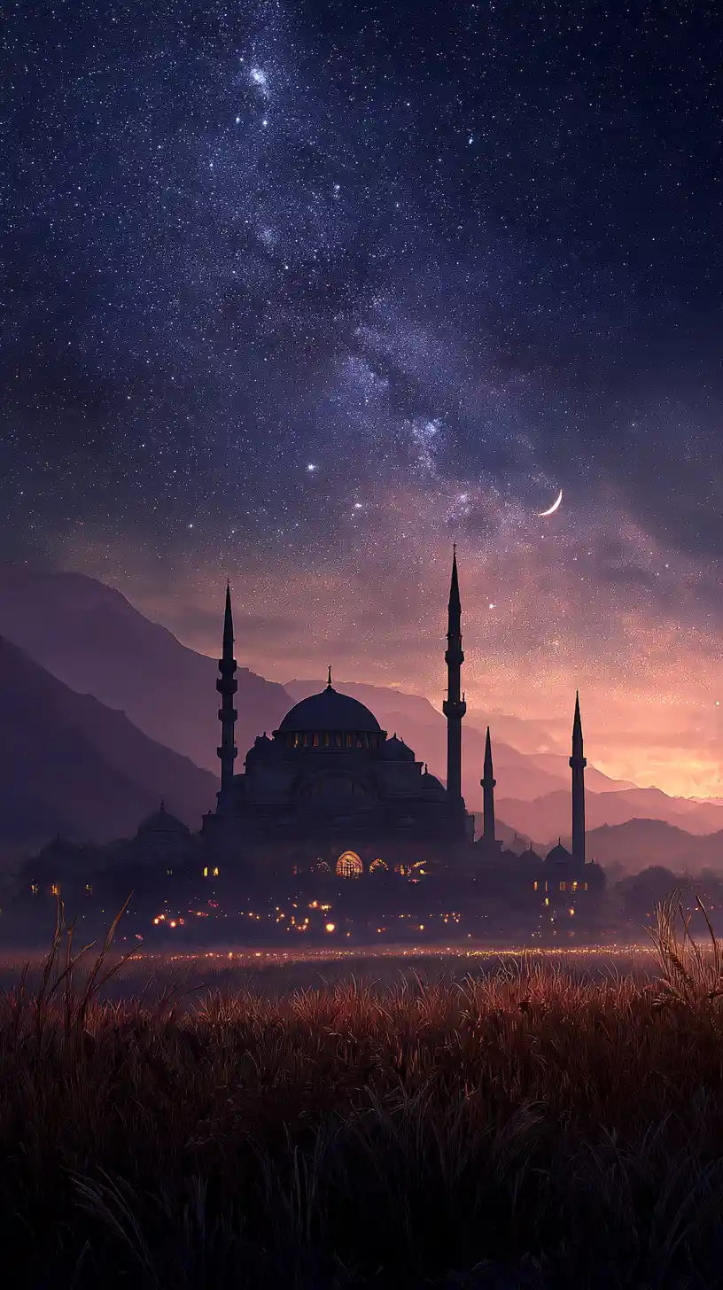 Moonlit Anime Mosque Above Wheat Fields And Starry Sky