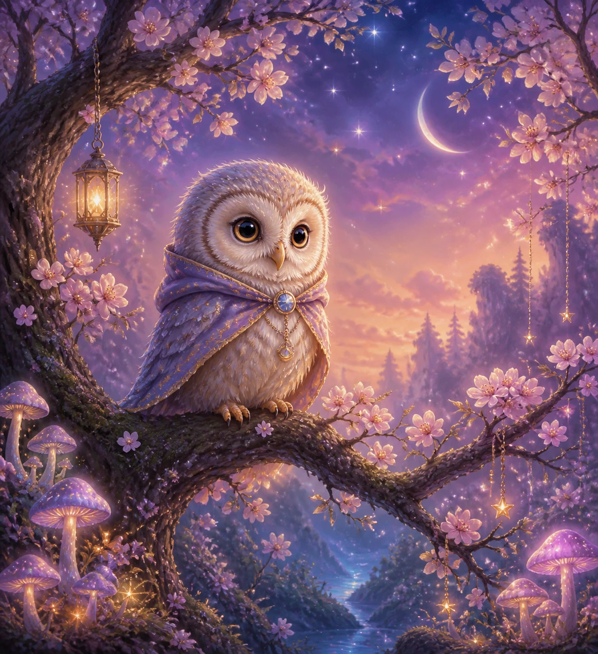 Cute baby owl on blossoming branch in twilight forest