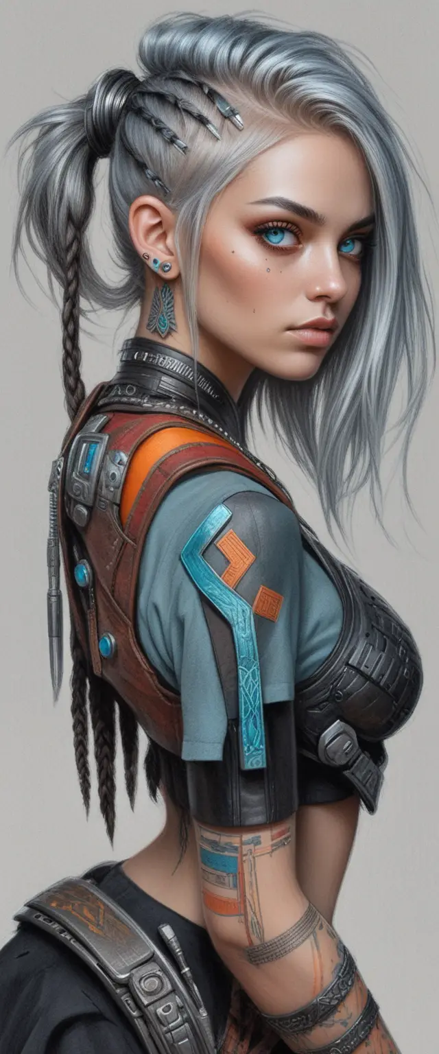 Silver haired cyberpunk warrior woman in colored pencil drawing