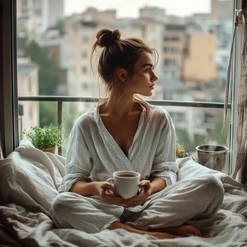 Girl in pajamas with morning coffee on a cozy balcony