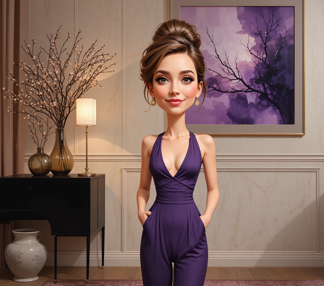 Young woman in purple jumpsuit in elegant modern interior