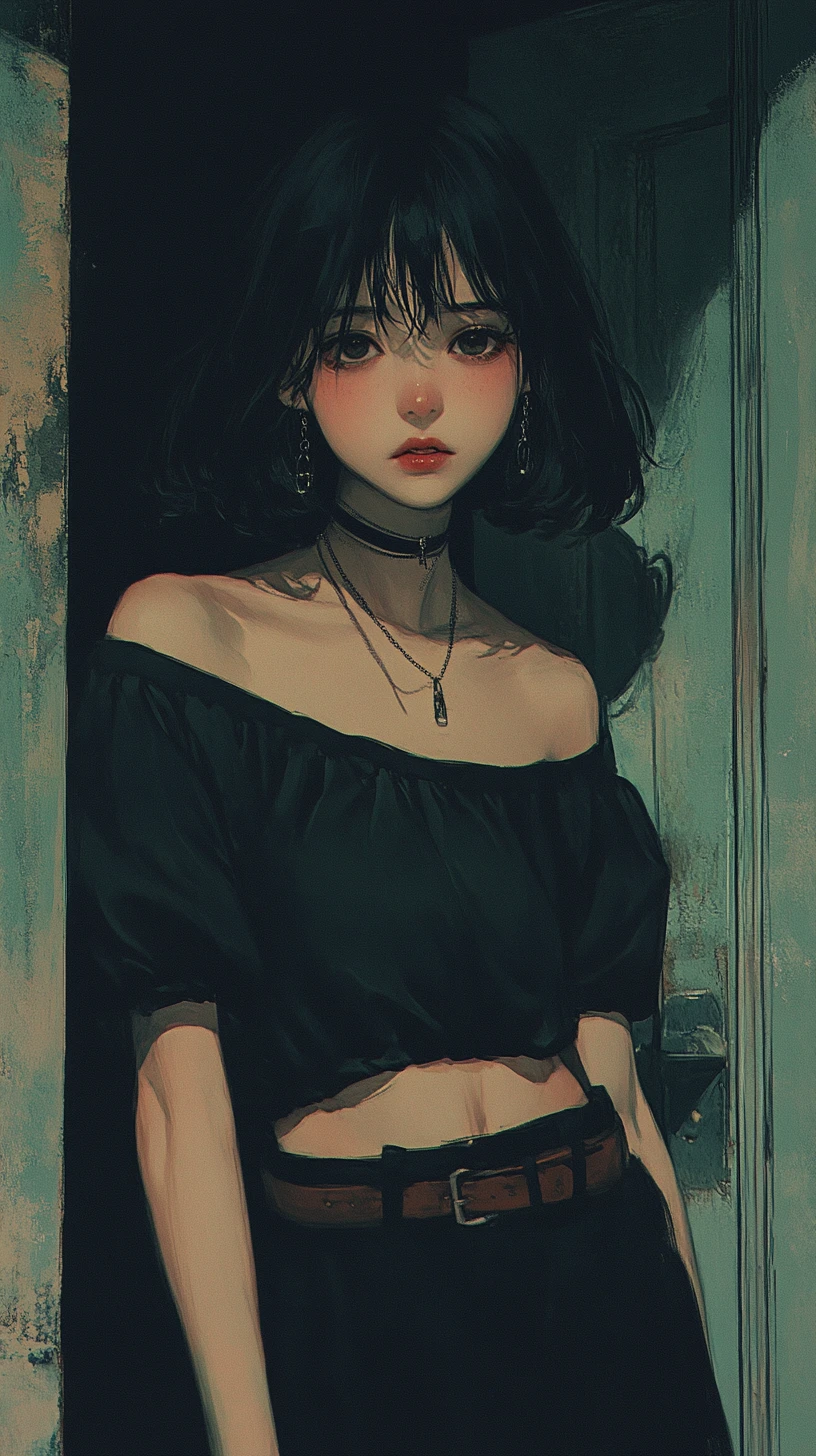 Anime girl leaning on vintage green school lockers