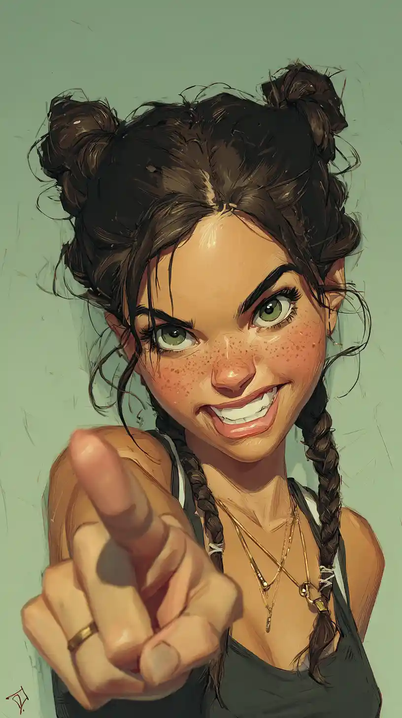 Playful girl caricature pointing with exaggerated fisheye perspective