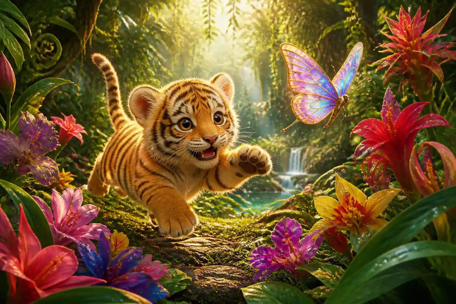 Playful baby tiger chasing butterfly in lush jungle