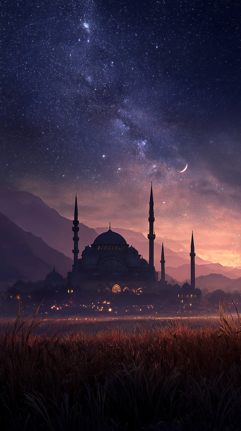 Moonlit Anime Mosque Above Wheat Fields And Starry Sky