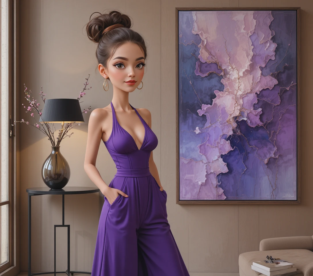 Giovane donna in tuta viola in un elegante interno moderno