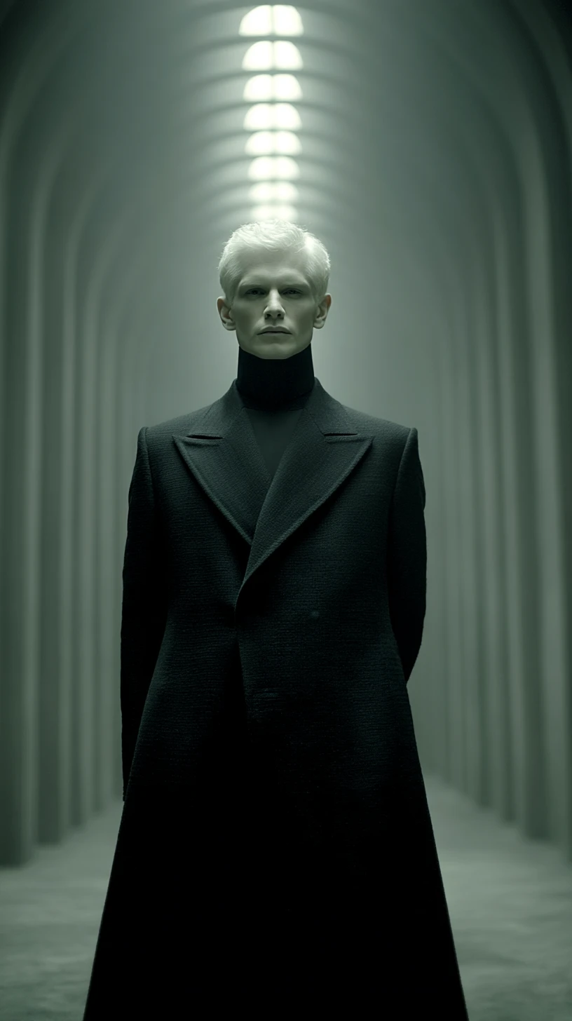 Elegant man with glowing skeletal chest in dark light columns