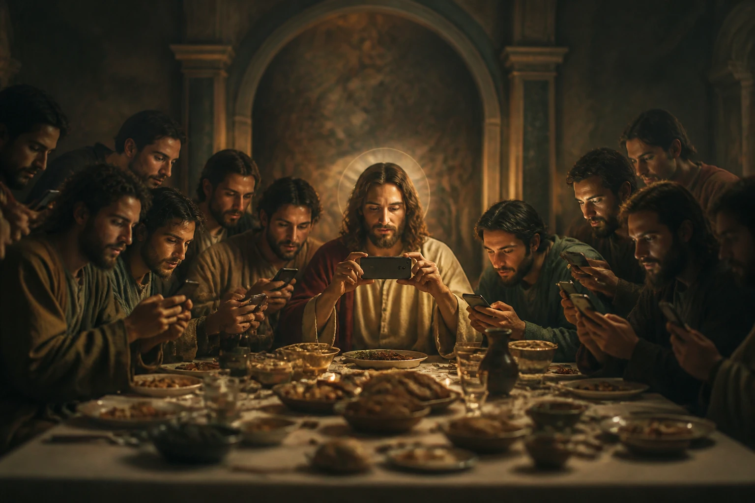 Modern last supper scene with diners on smartphones