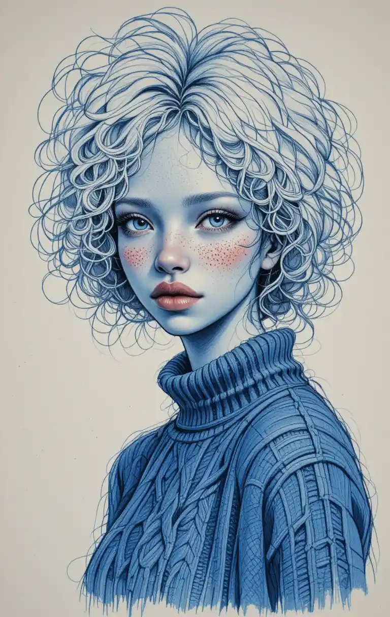 Albino girl portrait in blue pen and pencil drawing