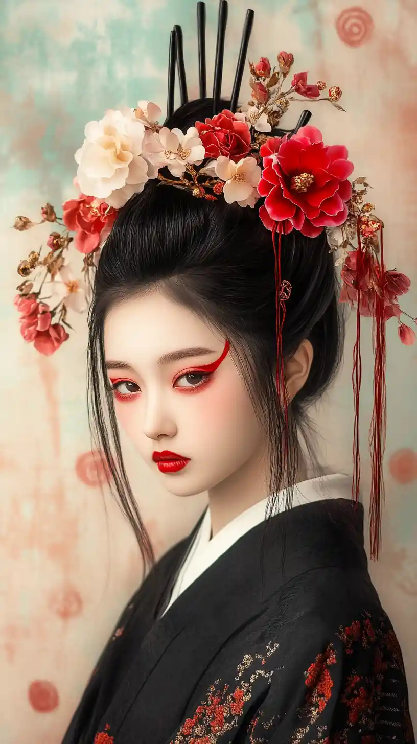East Asian woman in ornate floral hair and red ritual makeup