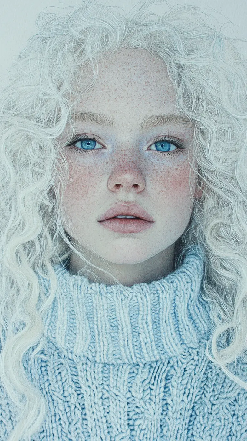 Albino girl portrait in blue ballpoint and colored pencil