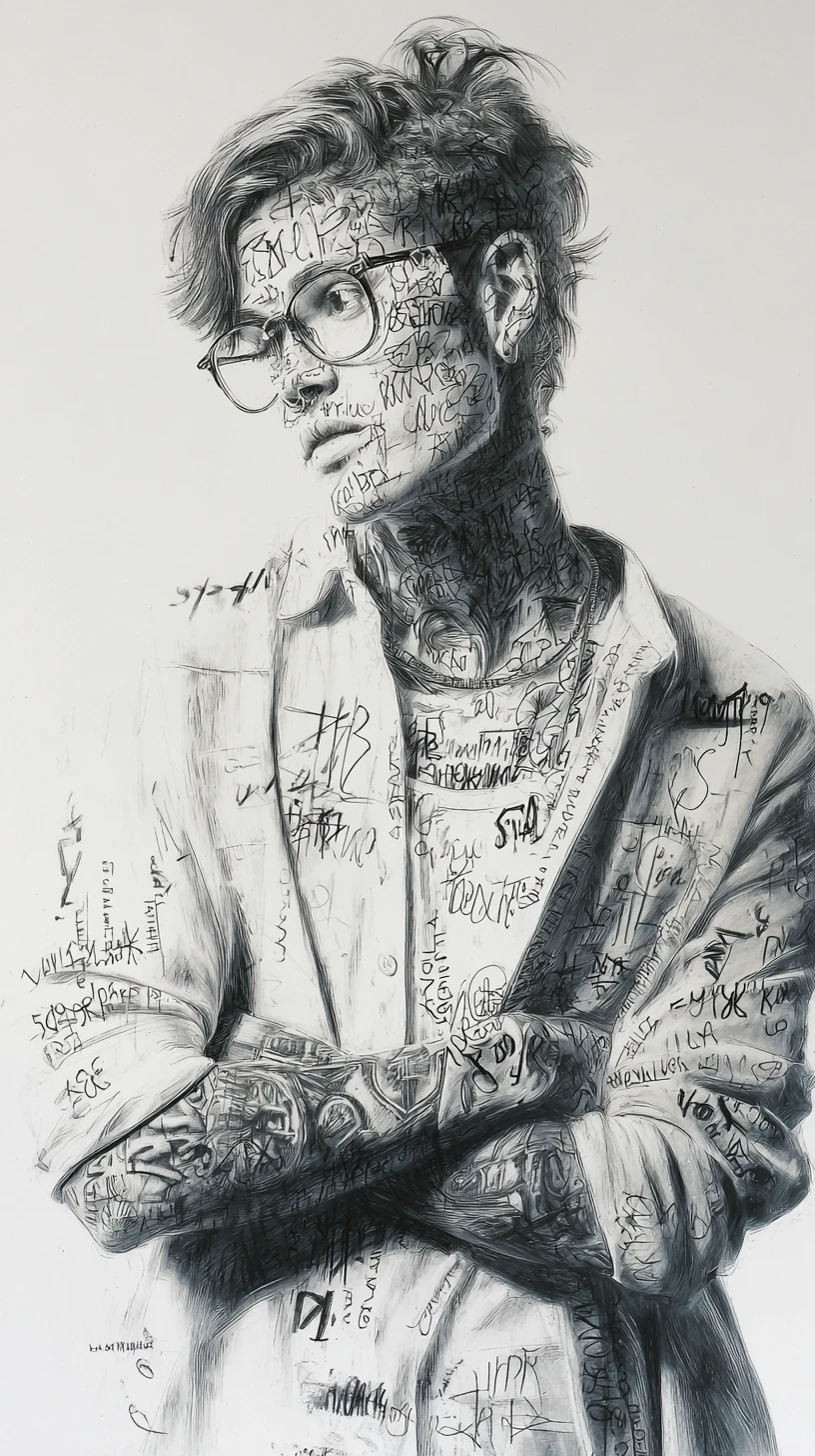 Expressive ink portrait of a tattooed woman in profile