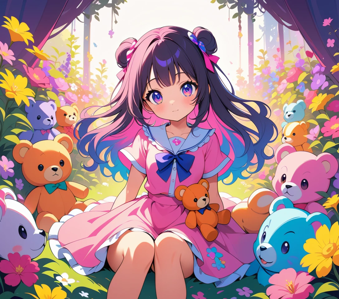 Giovane ragazza anime in un campo di fiori selvatici con orsacchiotti