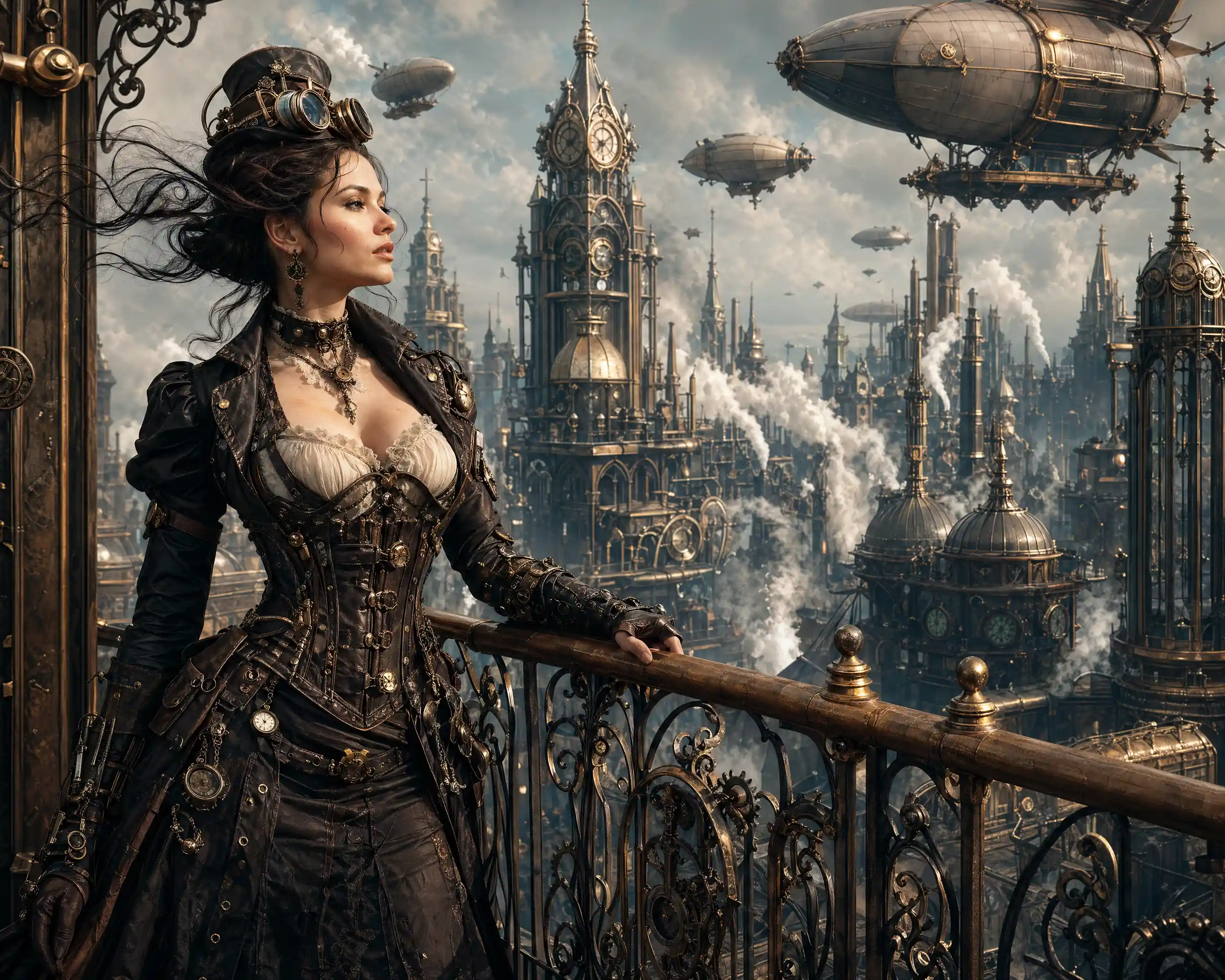 Steampunk woman standing on a balcony in a fantasy city