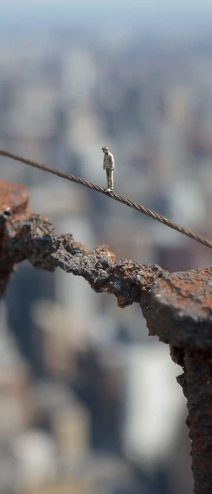 Miniature tightrope walker on spiderweb above blurred city skyline