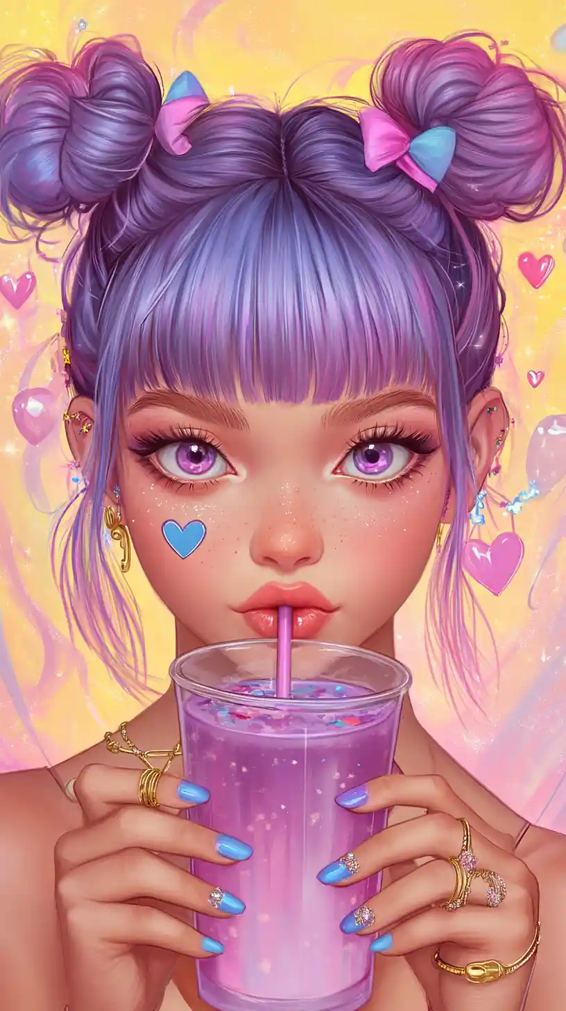 Pastel anime girl sipping bubble tea in dreamy colors