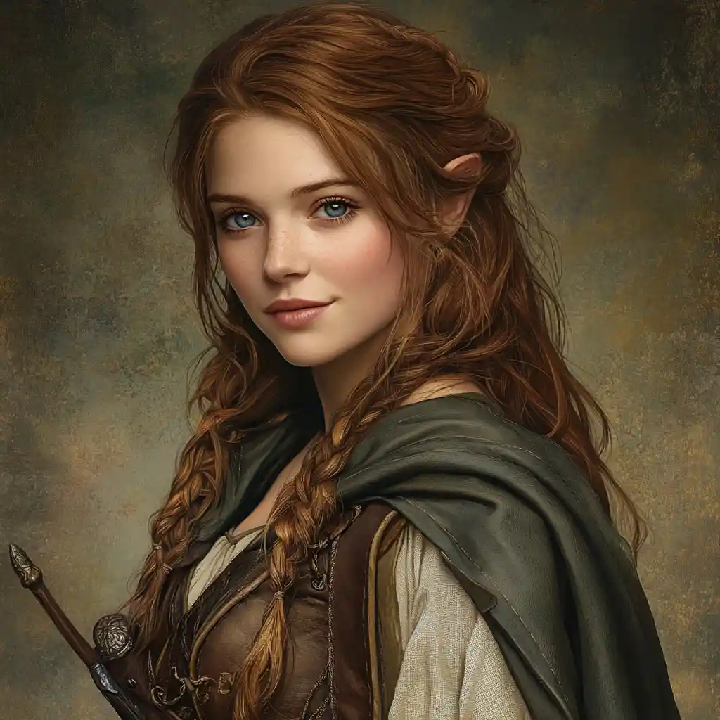 Warm fantasy bard woman with cloak and leather corset