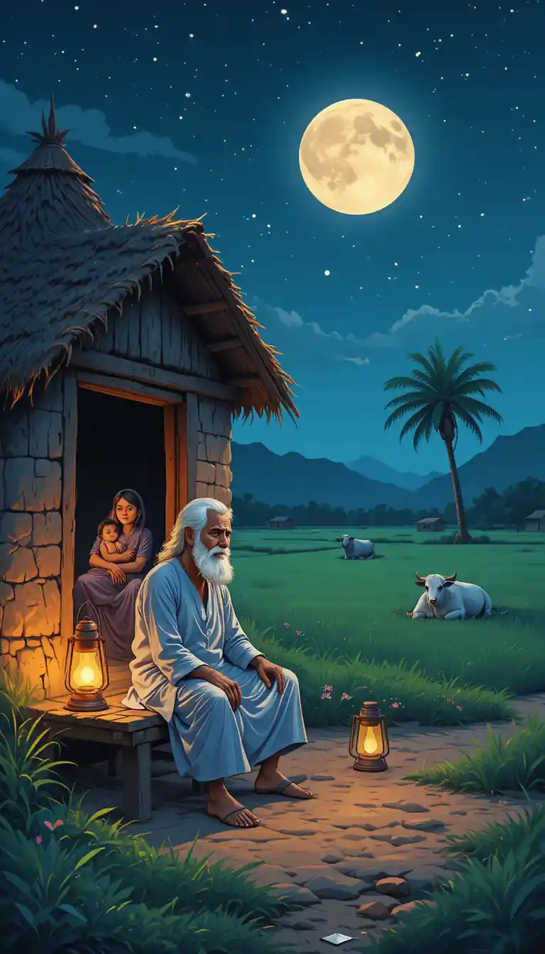 Elderly man by lantern outside rural hut at night