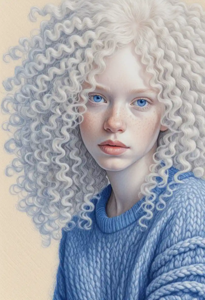 Albino girl portrait in blue pencil with soft freckles