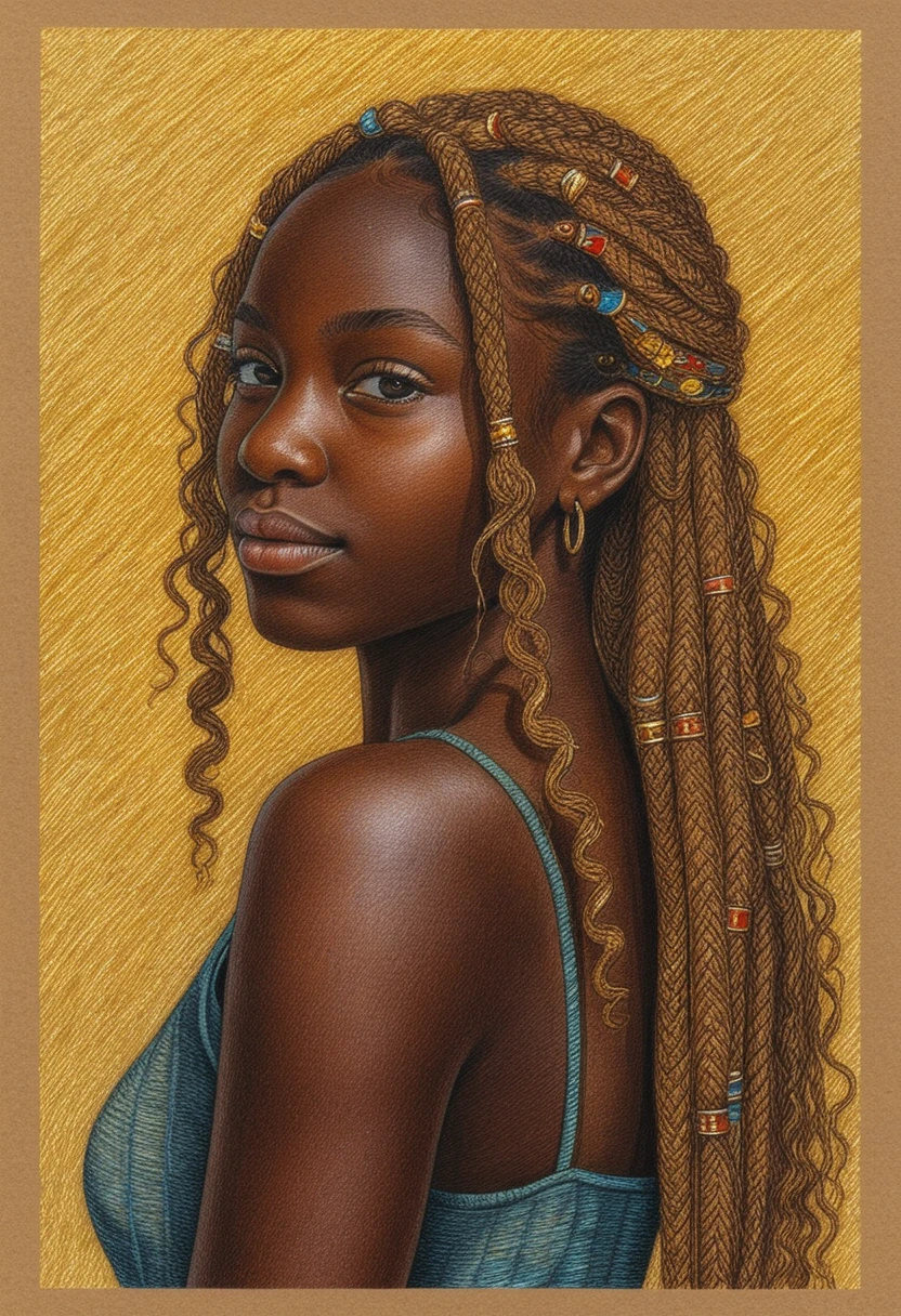 Close up color pencil portrait of braided African girl