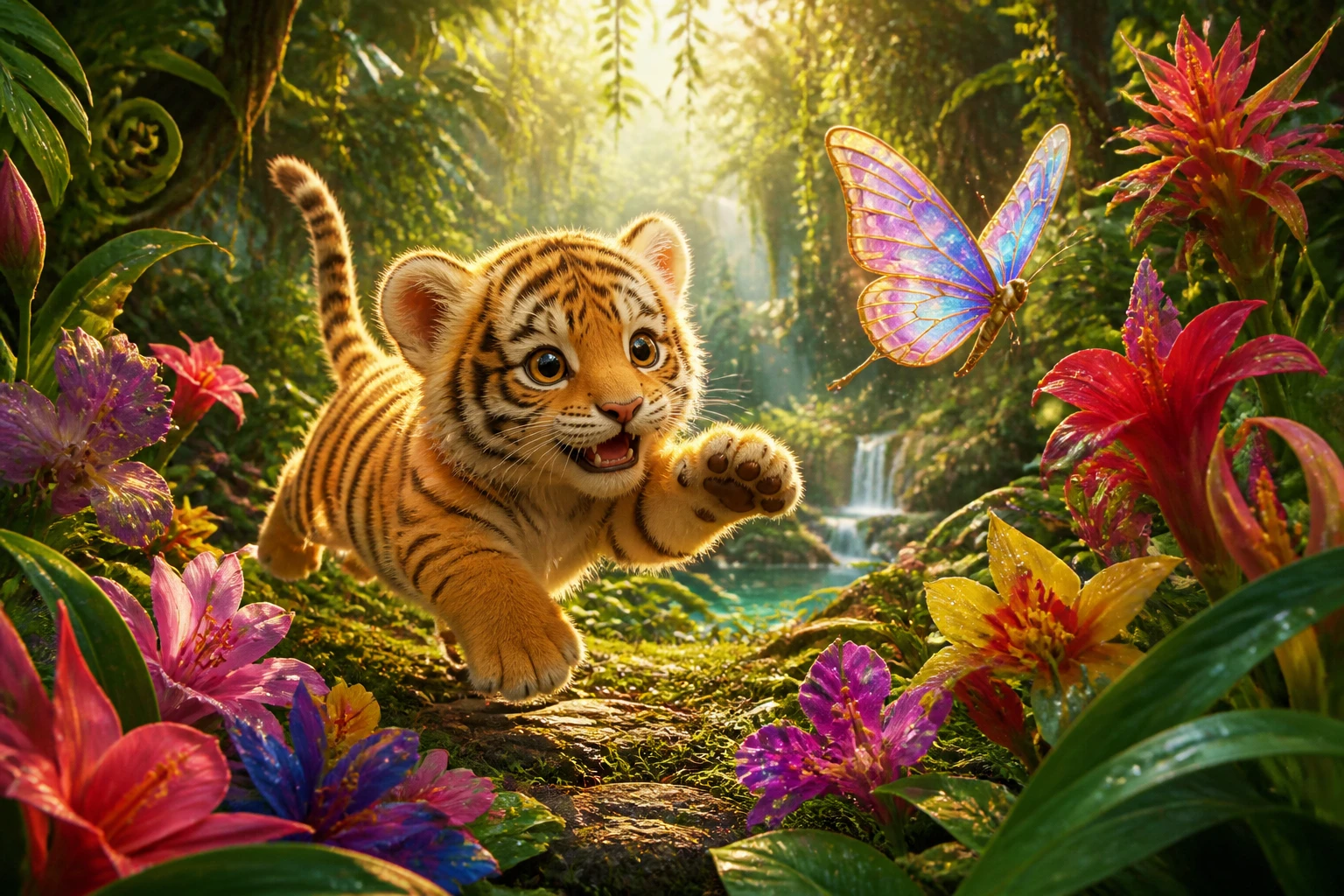 Playful baby tiger chasing butterfly in lush jungle
