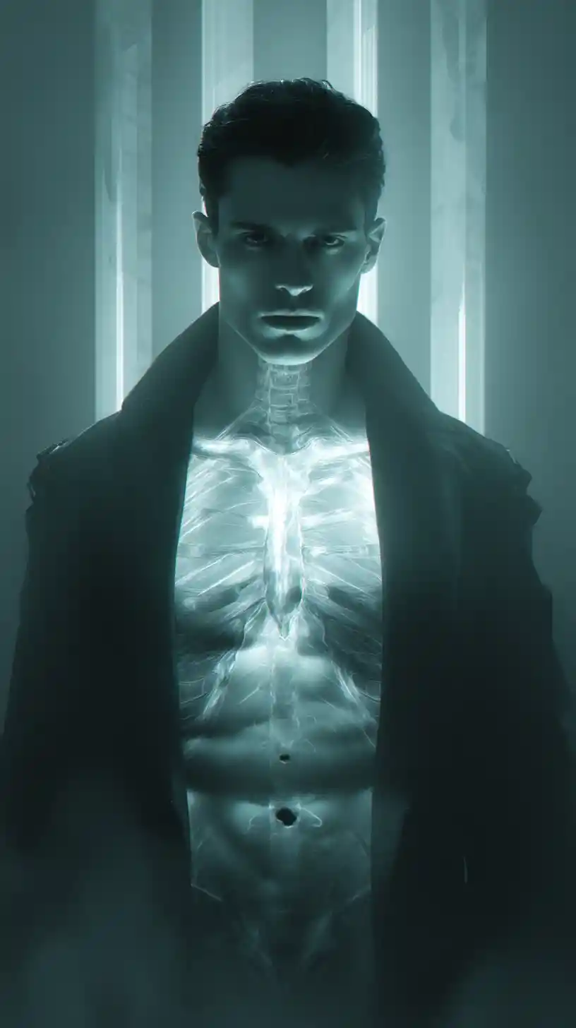 Man with glowing chest skeleton in dramatic digital portrait