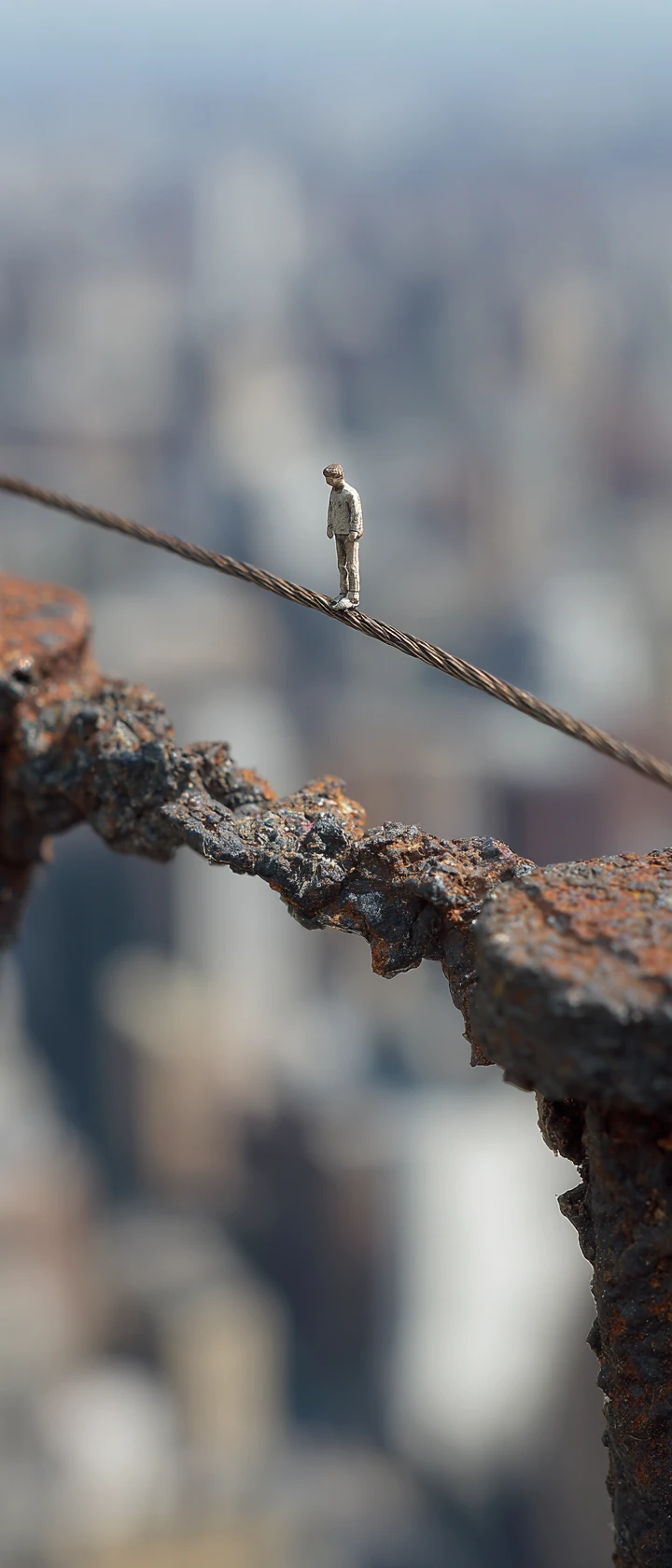 Miniature tightrope walker on spiderweb above blurred city skyline