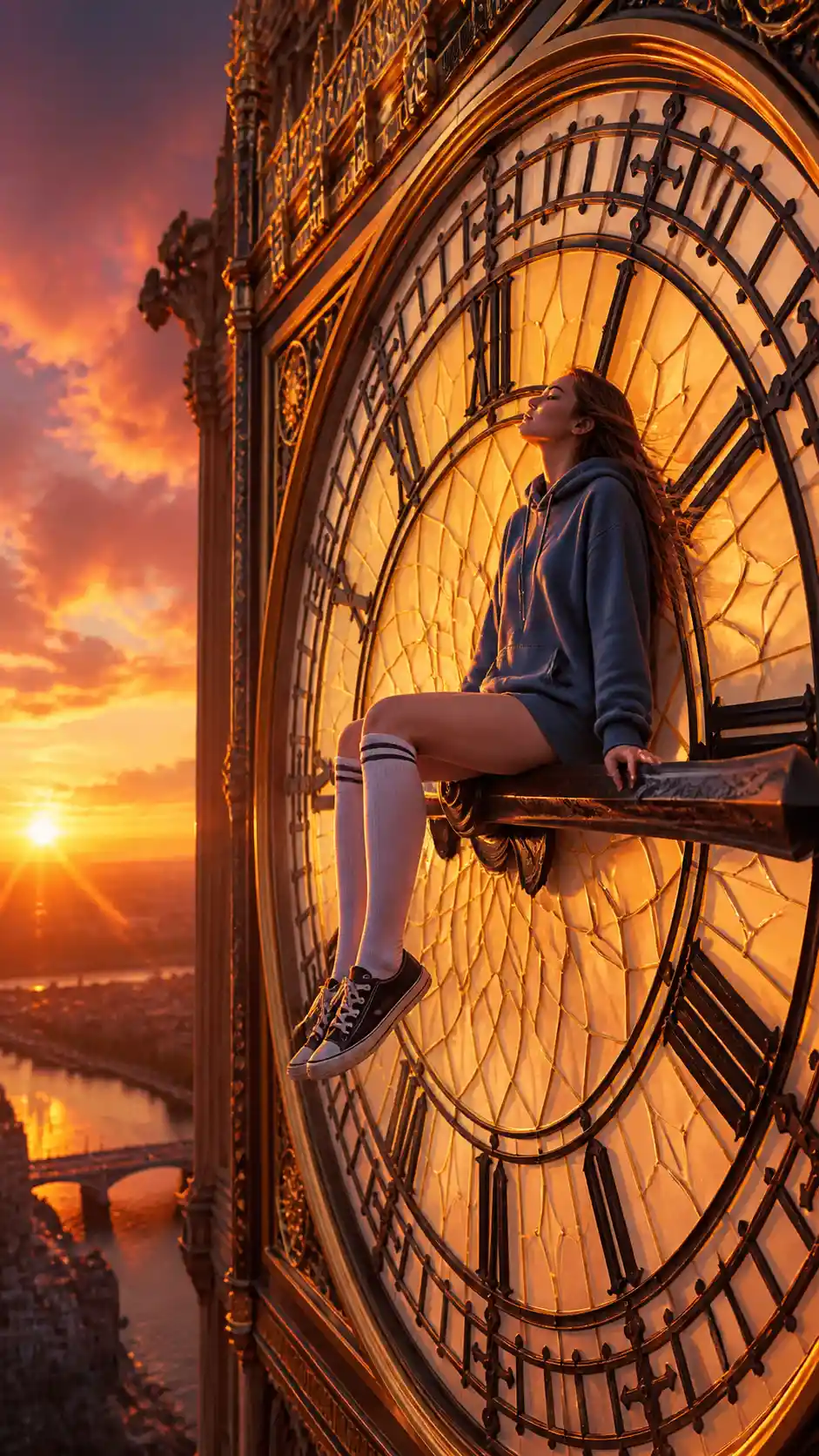 Girl Sitting On Big Ben Clock Hand At Sunset