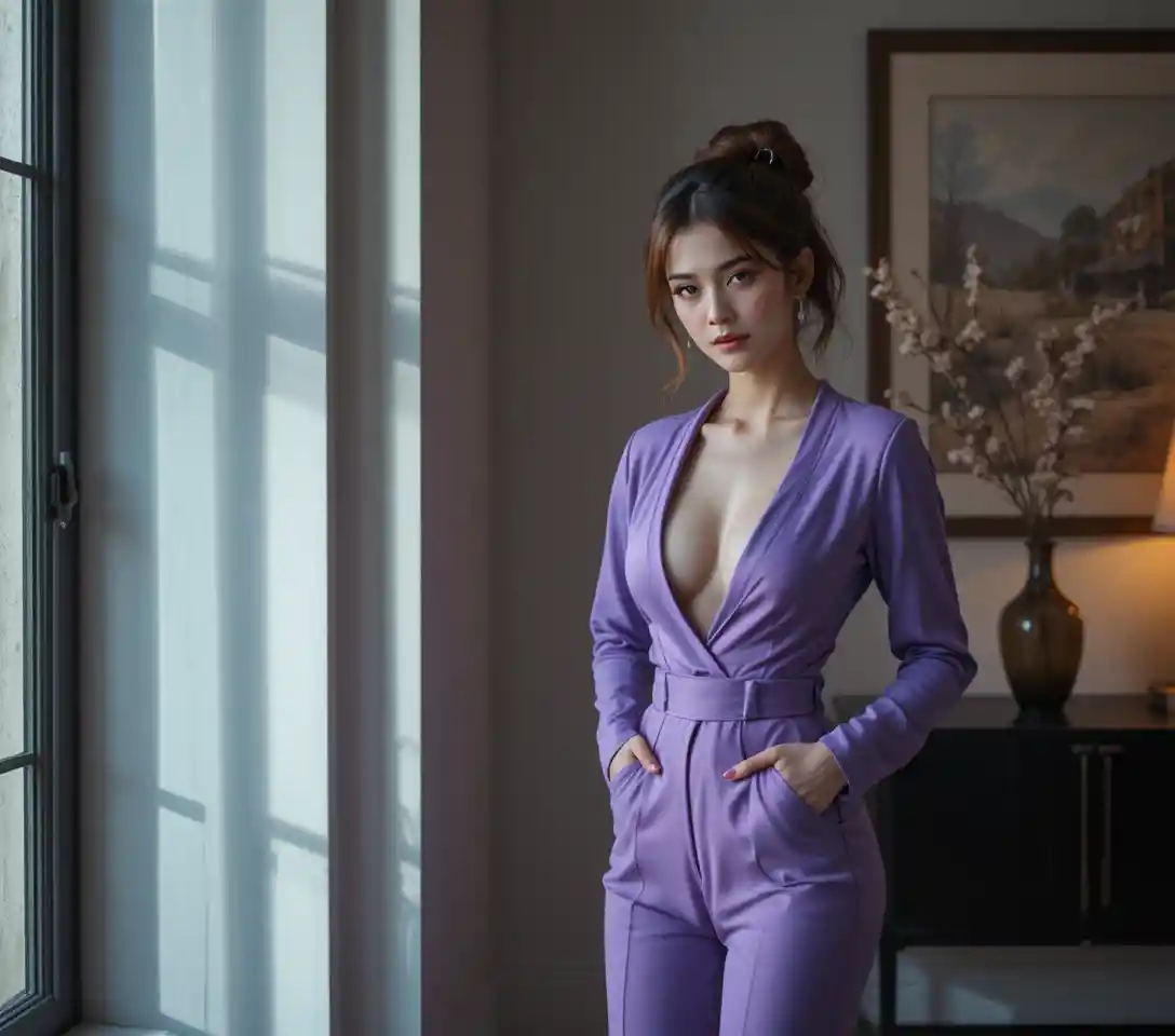 Elegant woman in violet jumpsuit in warm evening light