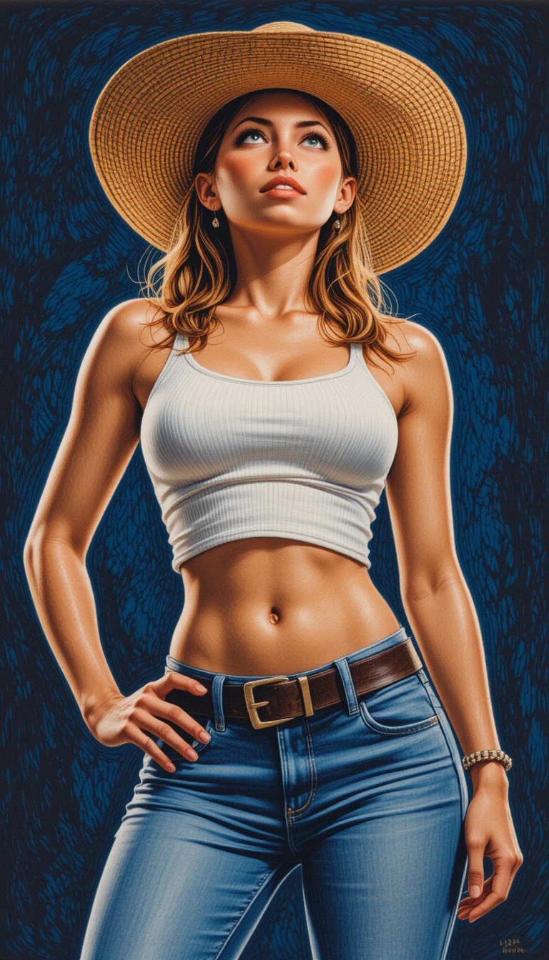 Confident cowgirl in straw hat and denim from below