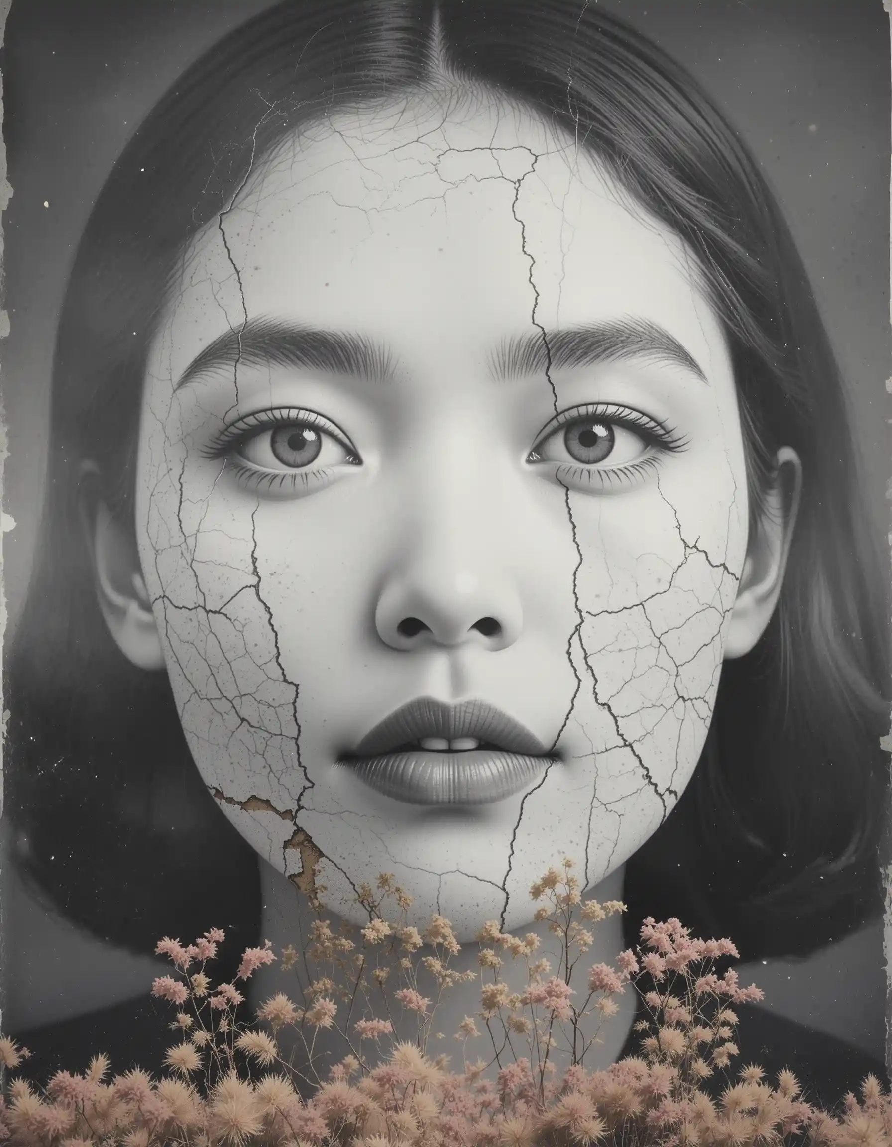 Surreal collage of overlapping vintage portrait and landscape