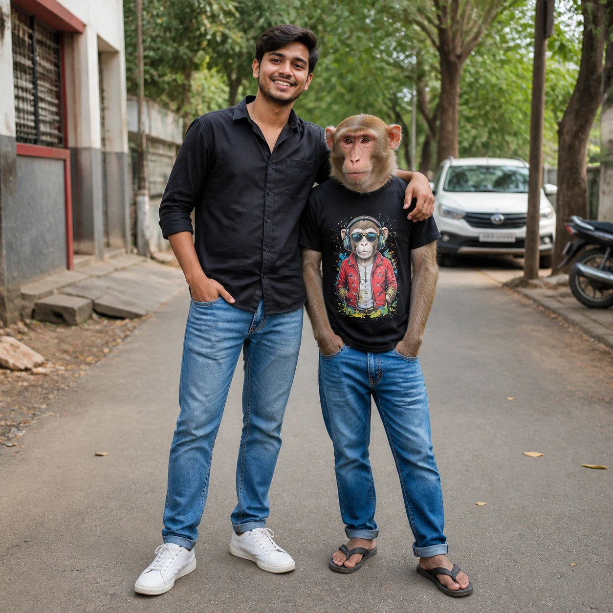 Two friends with a monkey dressed in casual human clothes