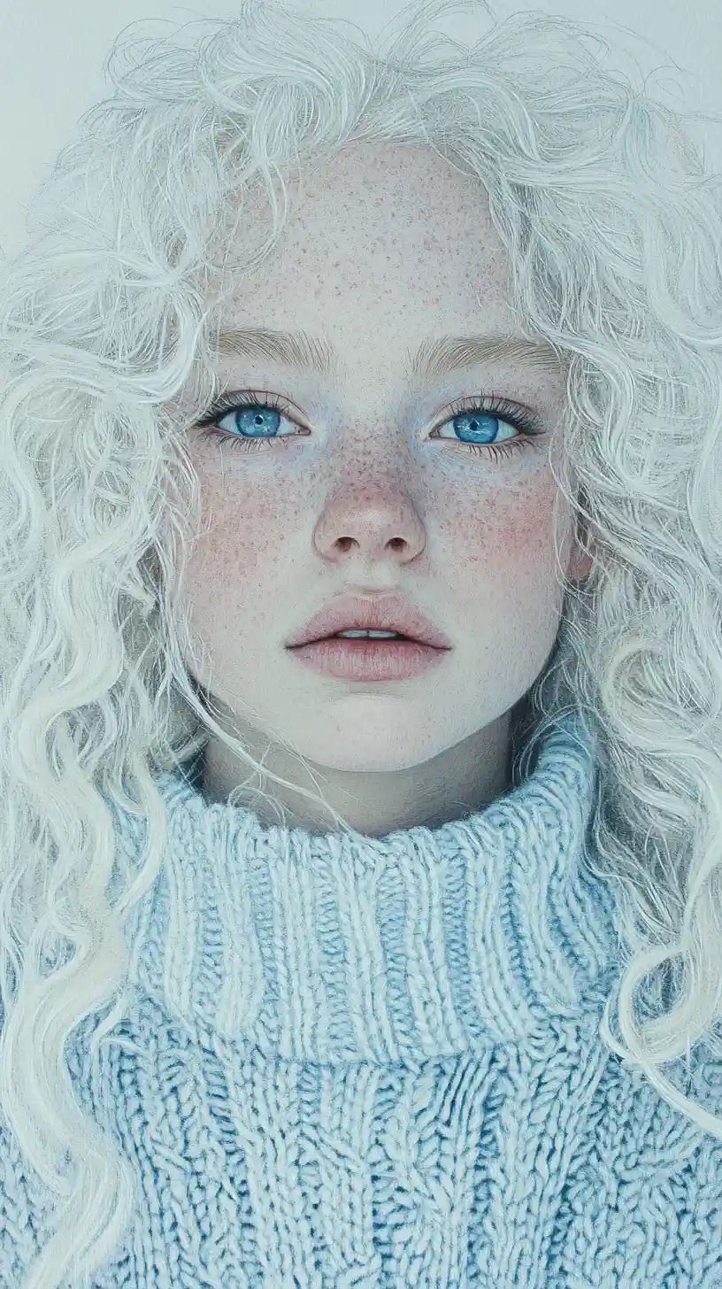 Albino girl portrait in blue ballpoint and colored pencil