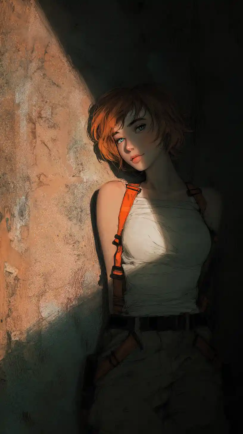 Anime woman leaning against a rough concrete urban wall
