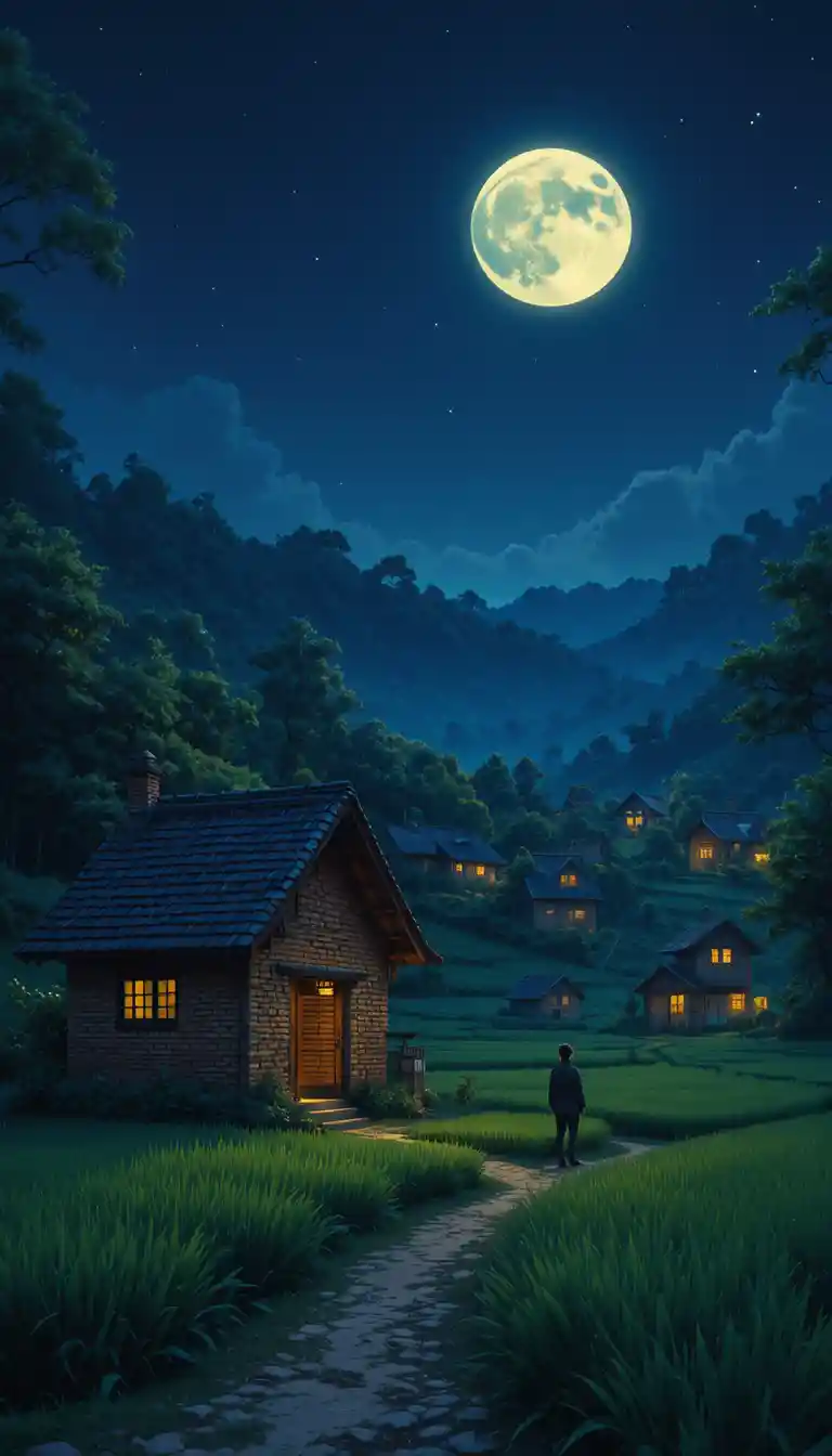 Quiet rural village under a luminous full moon