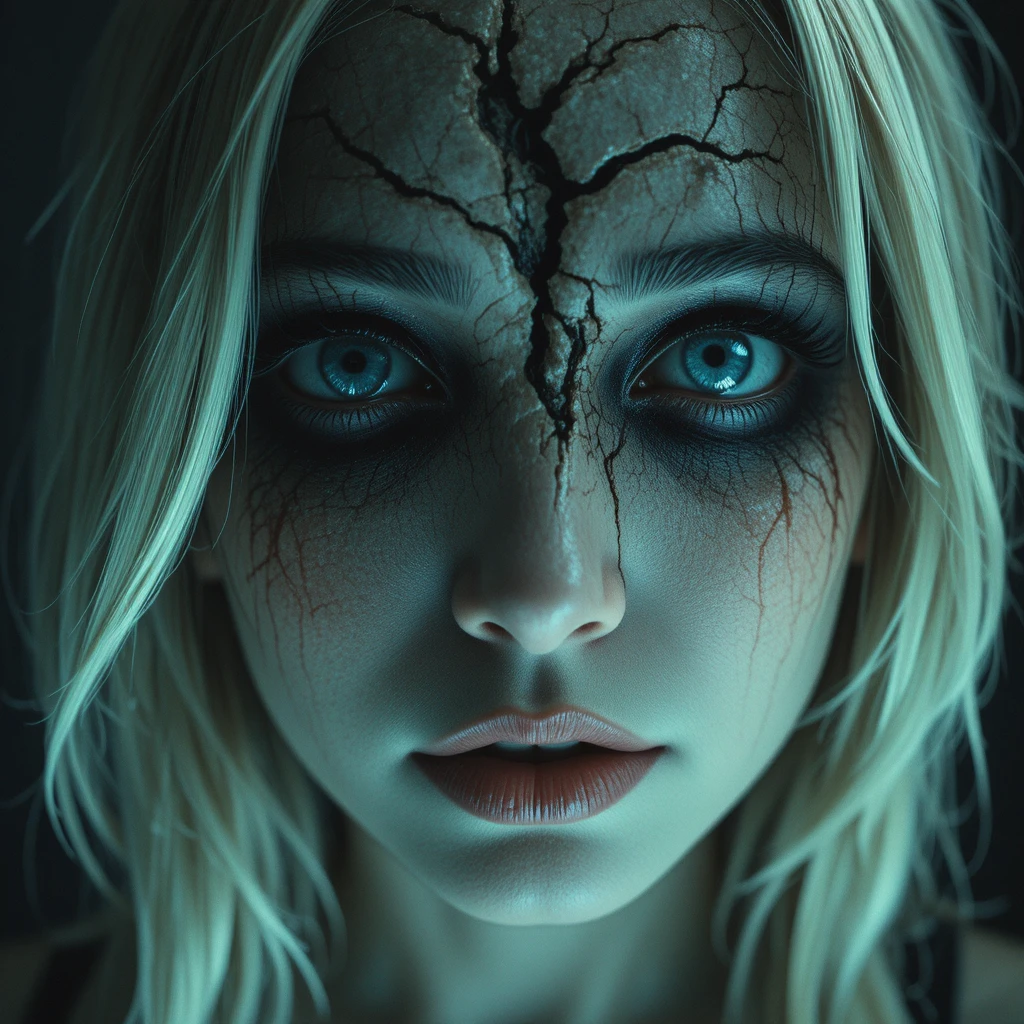Blonde woman in chiaroscuro with a demon emerging