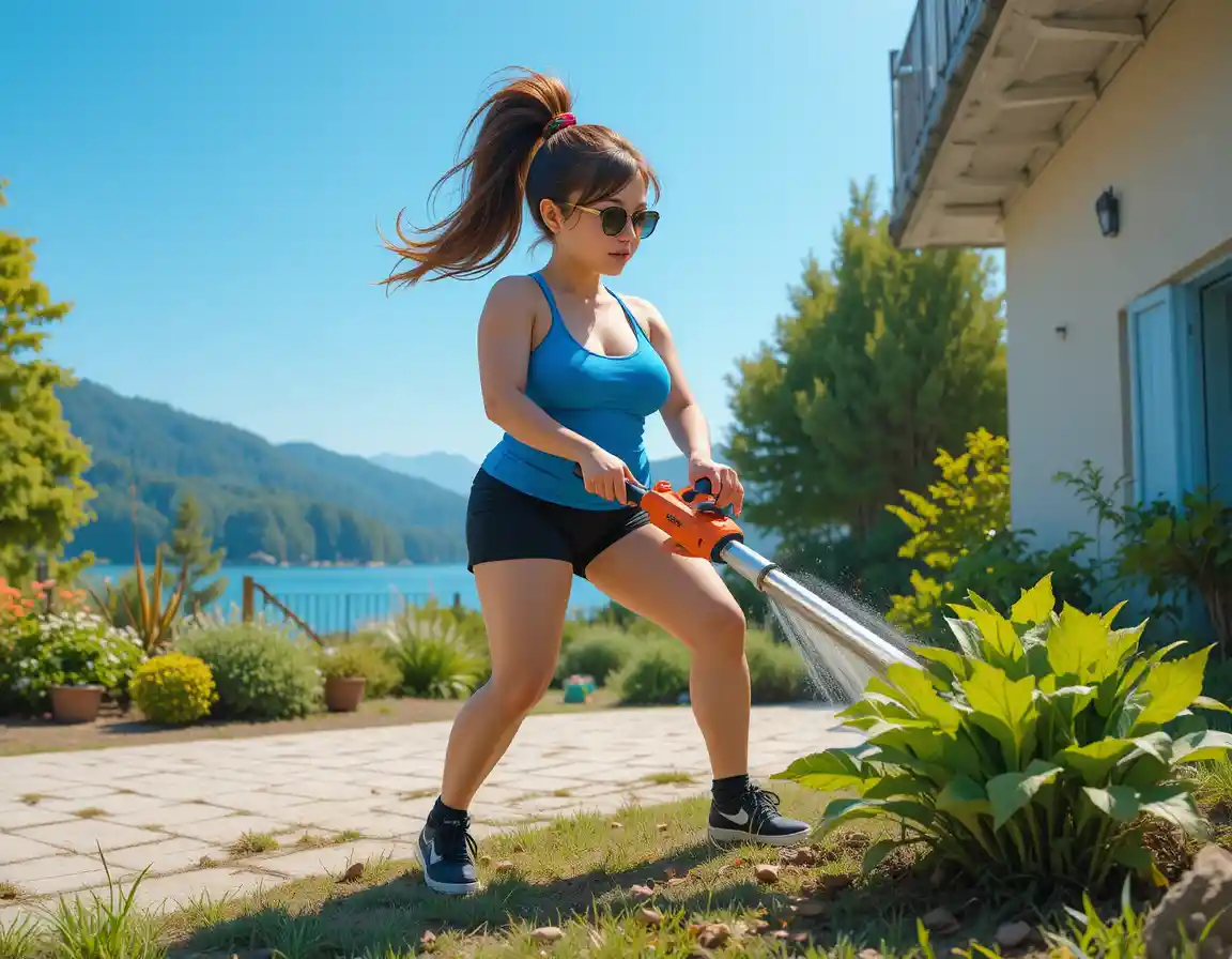 Athletic woman mowing lawn in sunny lakeside suburb
