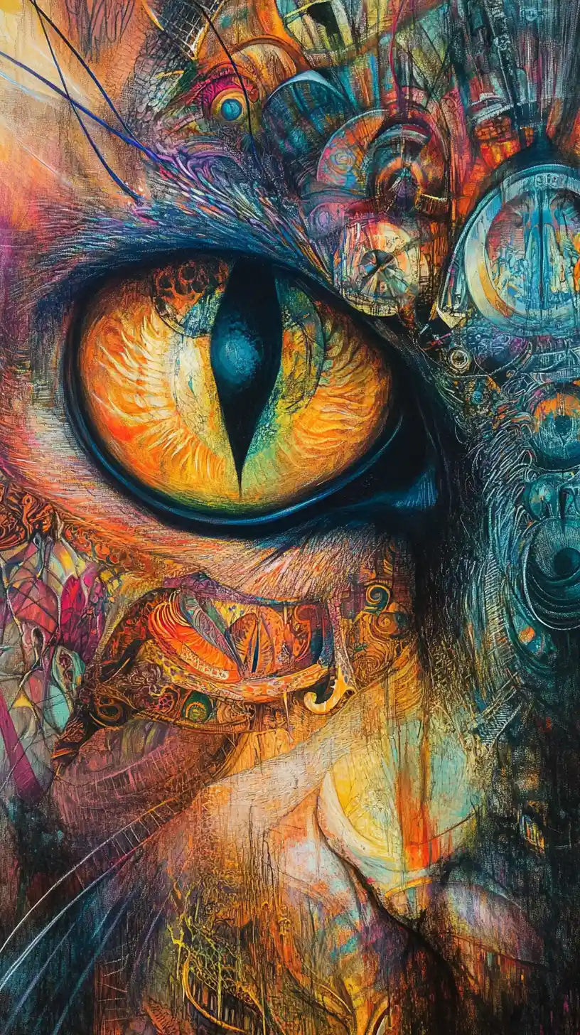 Abstract mixed media tiger face with hypnotic large eyes