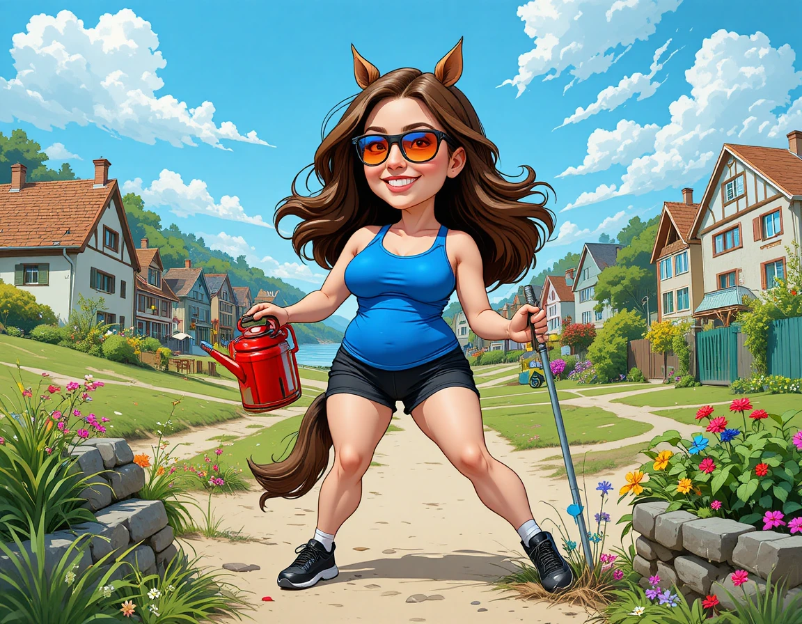 Sportliche brünette Frau mäht Gras in einem sonnigen Garten