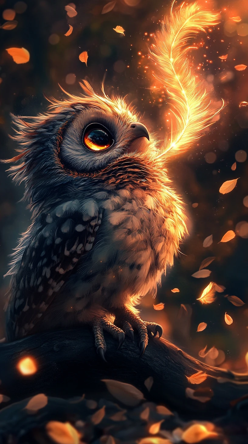 Fluffy baby owl releasing a glowing feather in dreamy light