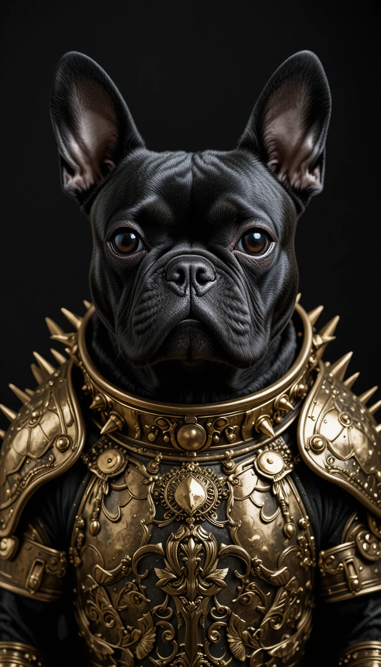 Armored black french bulldog in ornate golden metal armor
