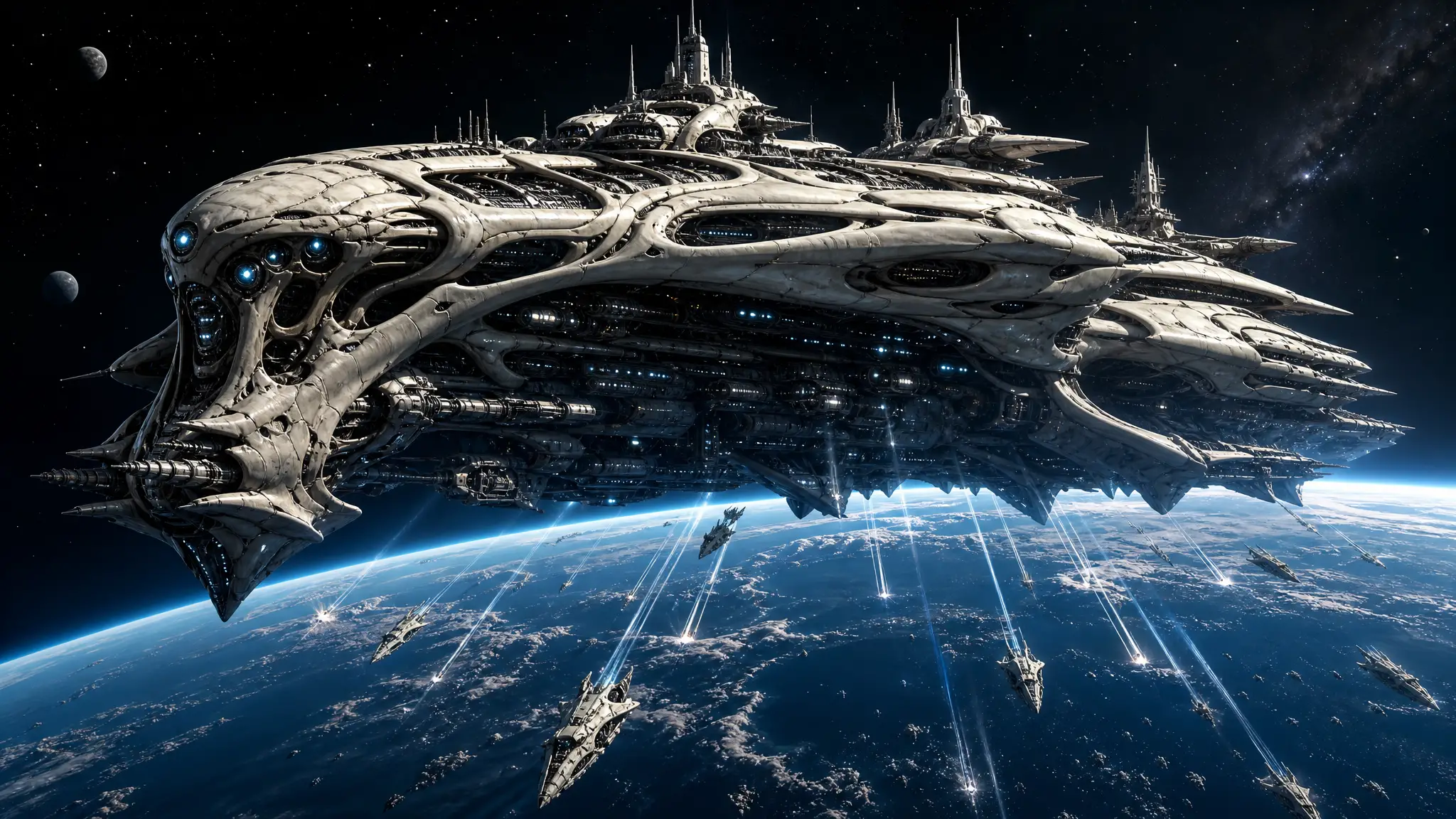 Nave de comando alienígena gigantesca acima de um planeta azul em órbita