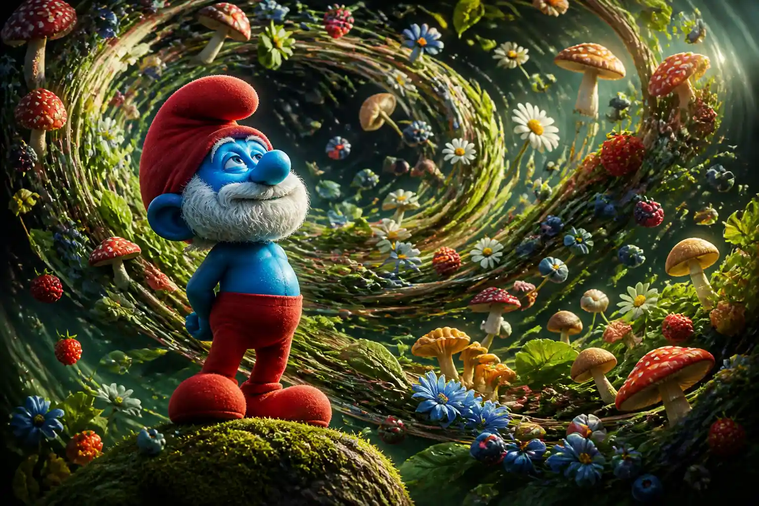 Personaje de fantasía azul real entre formas orgánicas fluidas