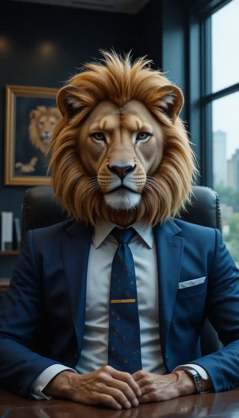 Anthropomorphic Lion In Suit Sitting In Modern Office