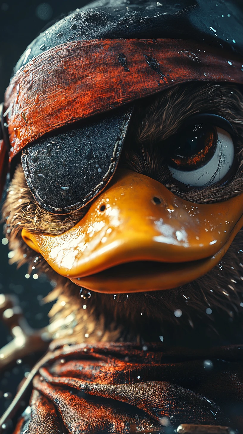 Close up pirate duck character with detailed wet textures