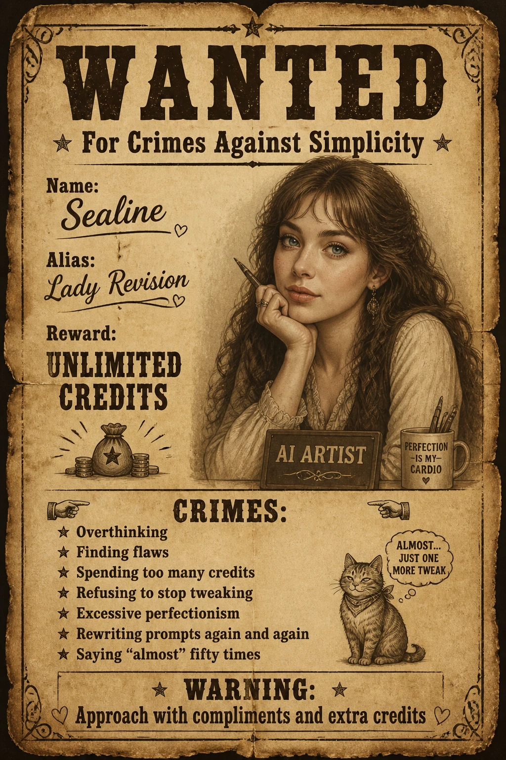 Funny vintage wanted poster of a thoughtful woman