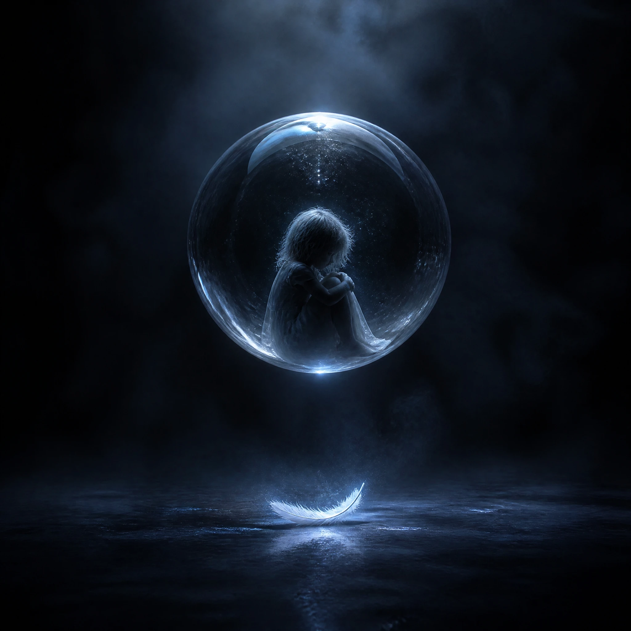 Ethereal child silhouette in a floating glass sphere