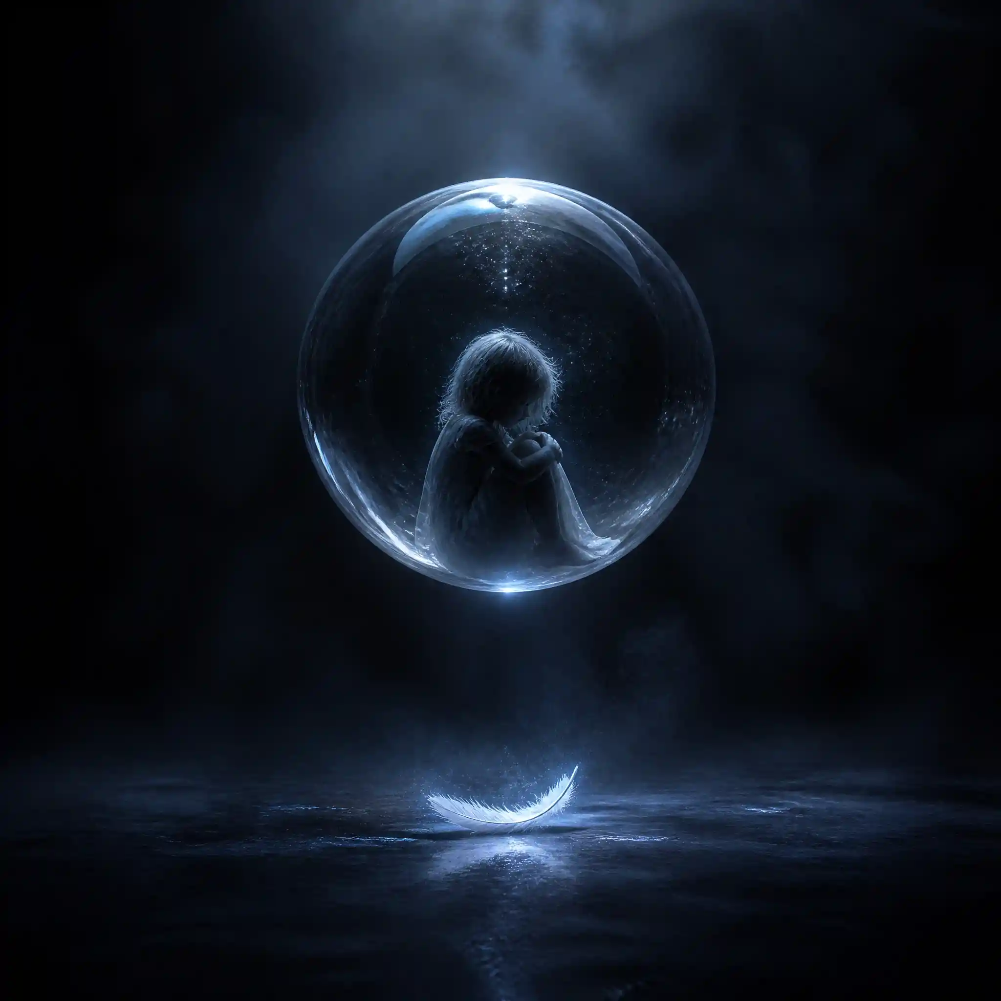 Ethereal child silhouette in a floating glass sphere